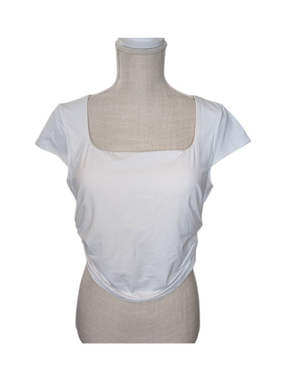 Halara Womens White Side Ruch Square Necklin Cap Sleeve Top Built-in Bra